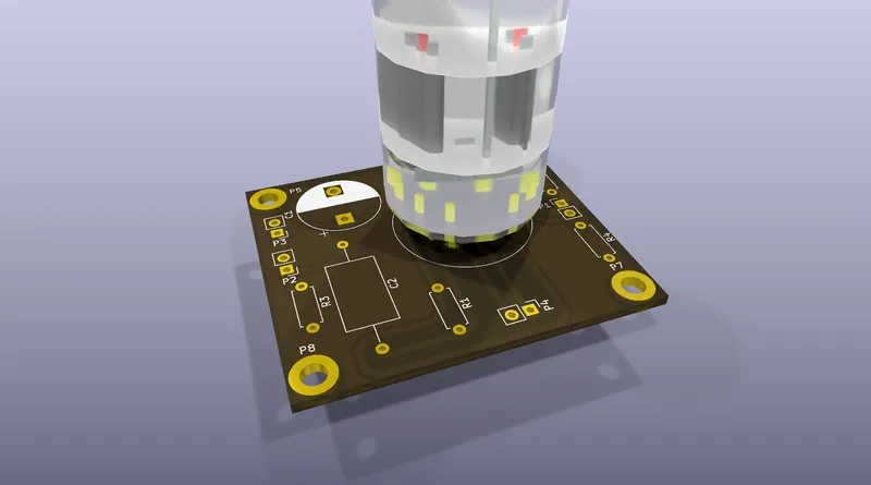 Dvouvrstvá deska s elektronkou ECC83 ve 3D náhledu KiCadu