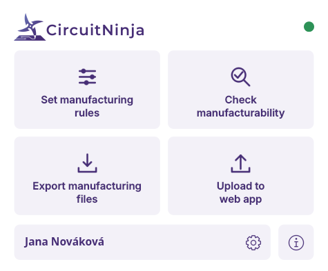 Nabídka CircuitNinja v KiCadu: nastavení výrobních pravidel, kontrola vyrobitelnosti, export výrobních podkladů, nahrání do webové aplikace a přihlášený účet.